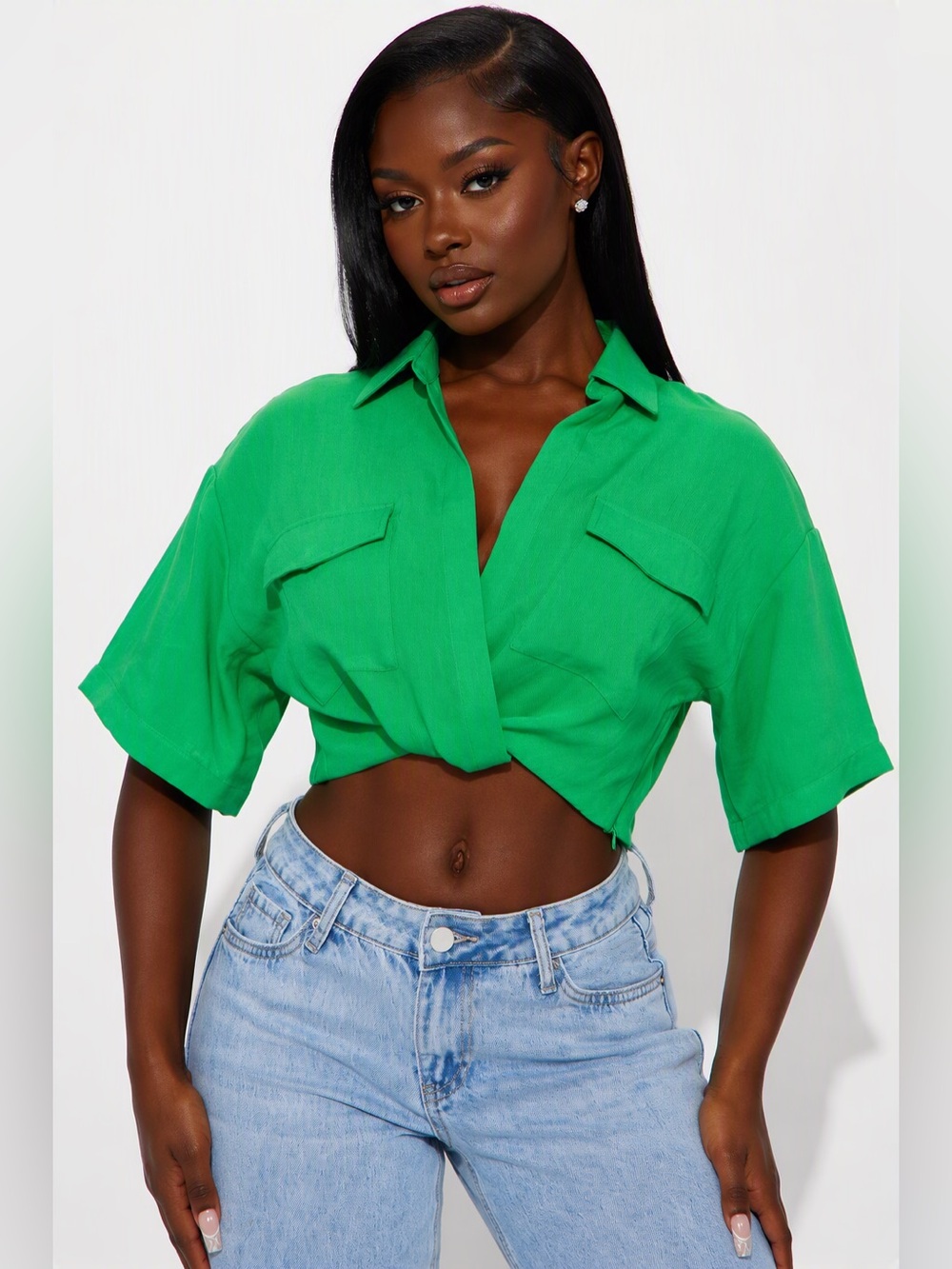 Green Cropped Button-Front Shirt Top